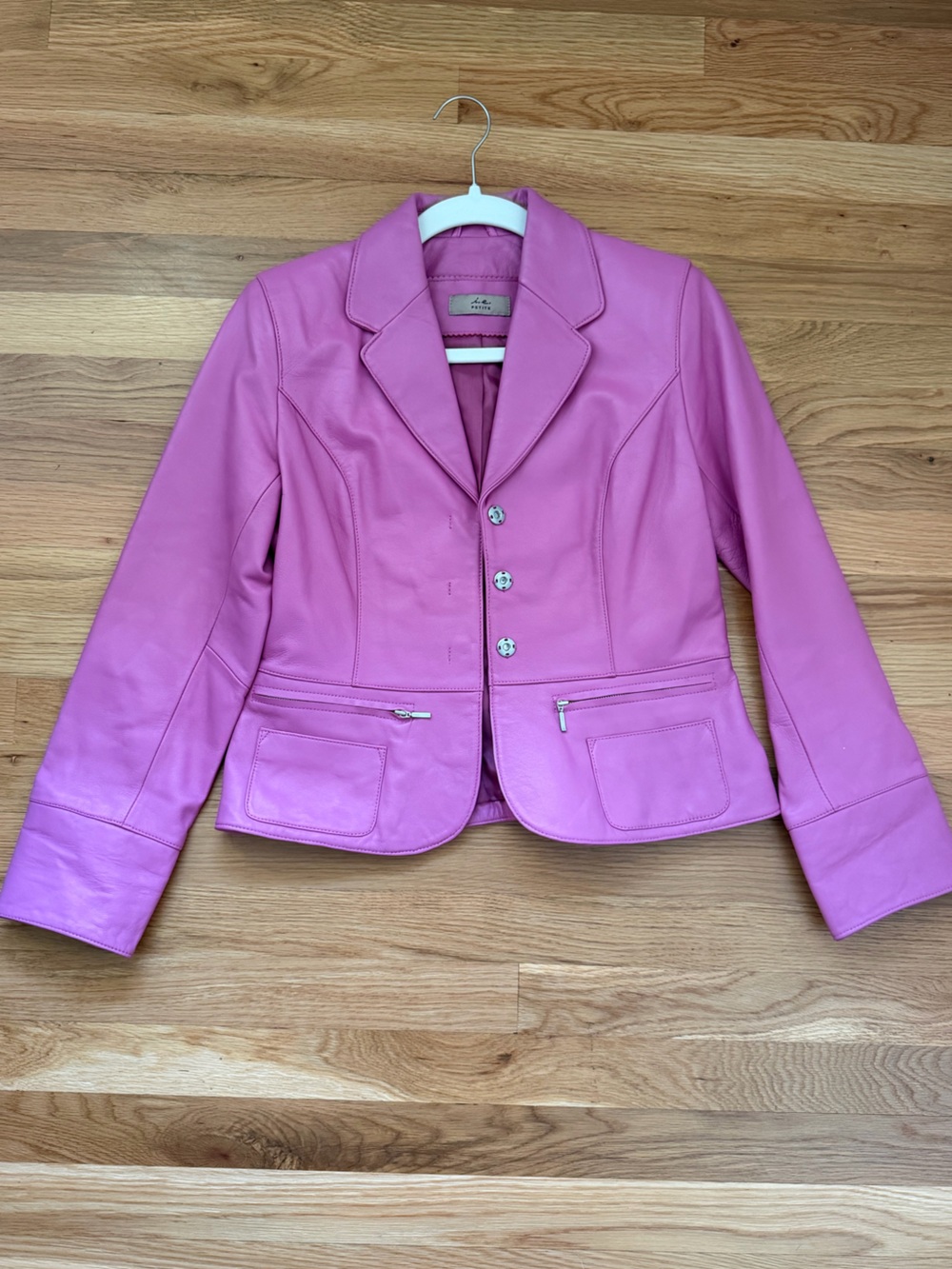 i.e. PETITE Women’s Pink Leather Blazer Jacket